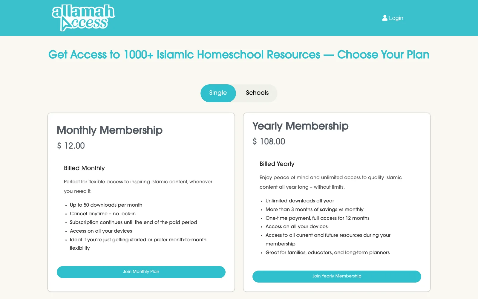 The Allamah Access plan selection page, showing the Single and Schools toggle above monthly and yearly membership cards
