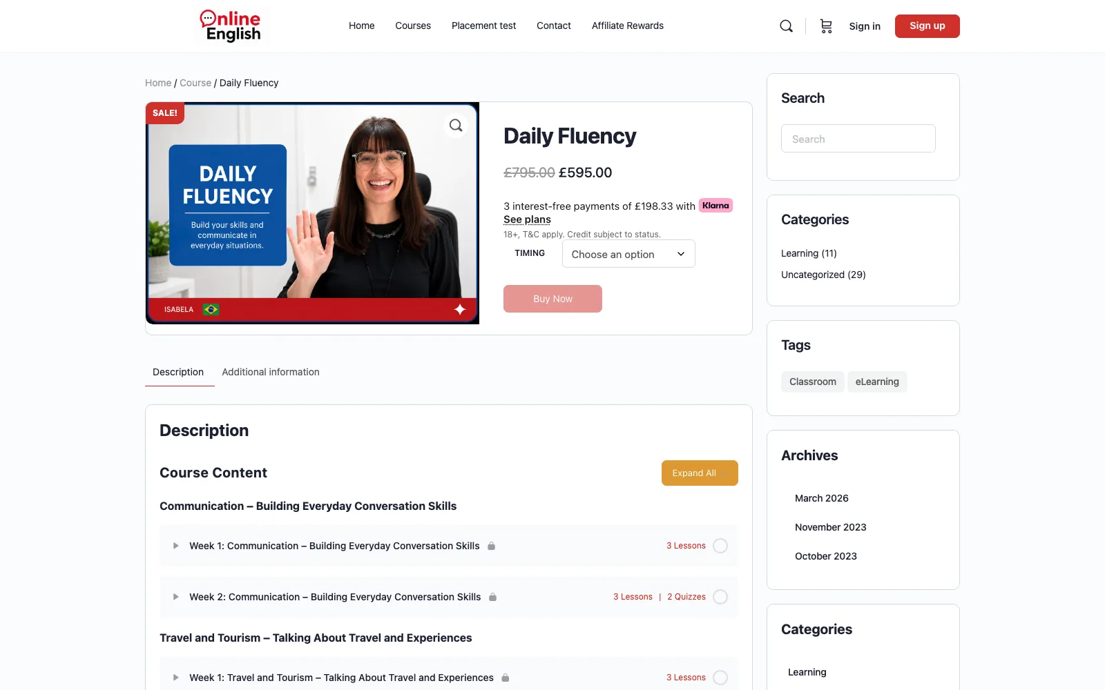 A course product page on the live site, showing the timing selector above the week-by-week LearnDash course structure